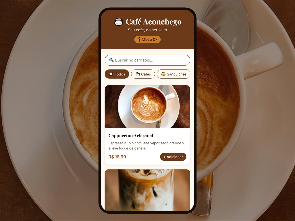 Cardápio digital do Café Aconchego aberto no celular, mostrando a mesa 07, a busca, as categorias e um cappuccino